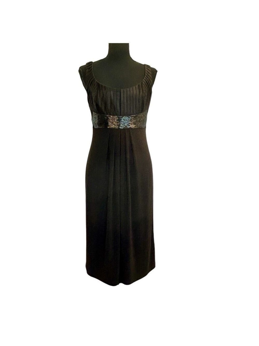 Joseph Ribkoff dark chocolate brown pleated ruched beaded sleeveless midi dress